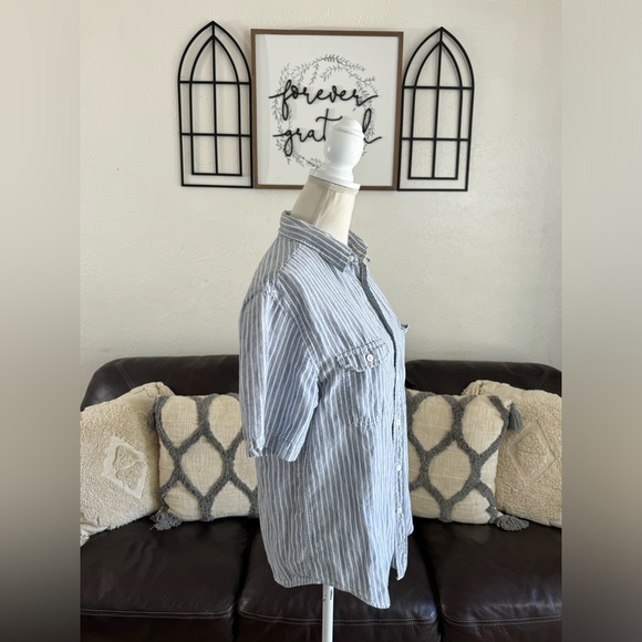 Merona Classic Blue Pinstriped Linen Blend Short Sleeve Button Down Shirt Sz M - Picture 3 of 11